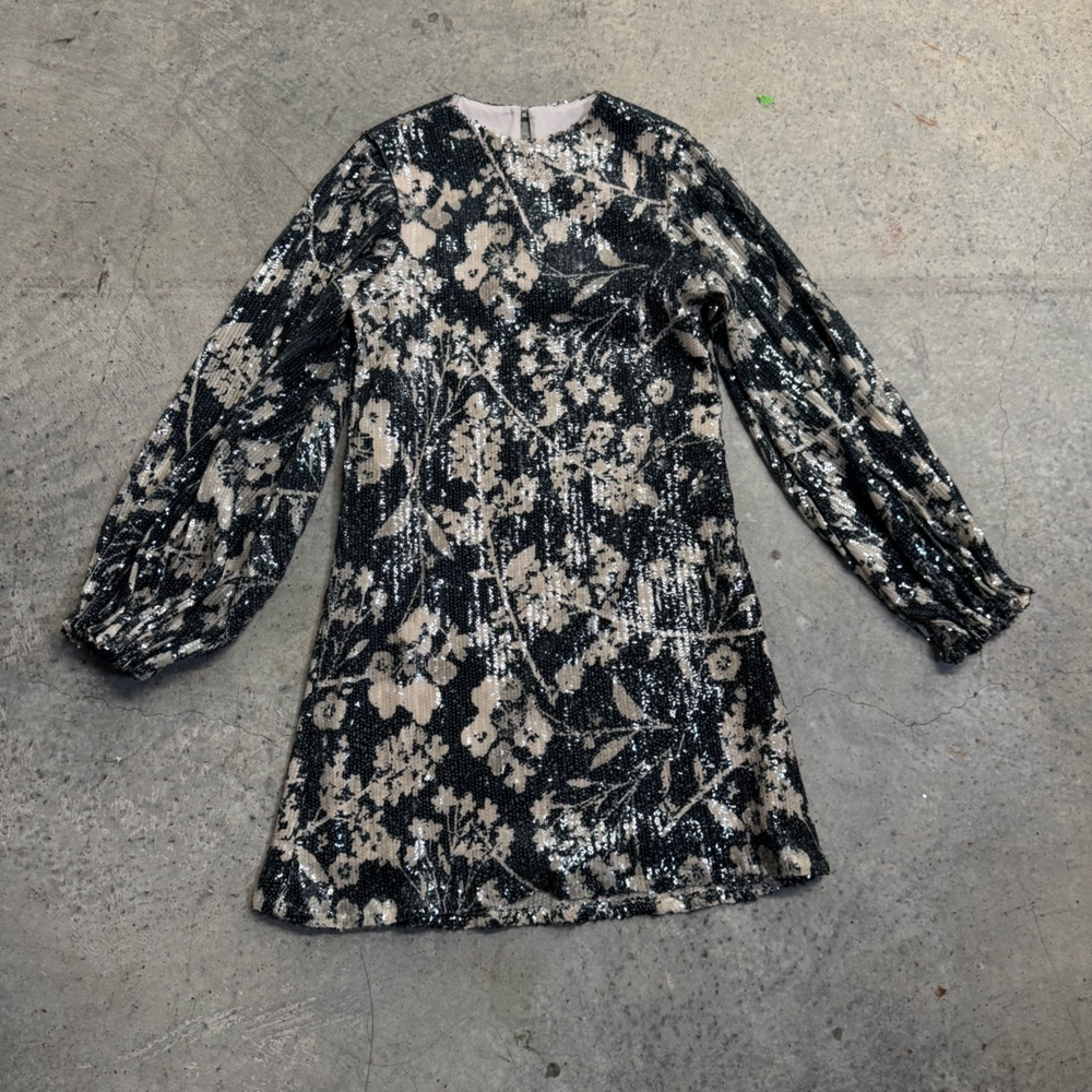 Kleid Floral Sequin Long Sleeve Midi Shift Dress SZ XS‎ Long Sleeve Formal